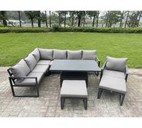Fimous Aluminium Garden Furniture Sets,9 Seater Outdoor Conversational Dining Set with Adjustable Rising Lifting Dining Table,2 Big Footstools Dark Gr