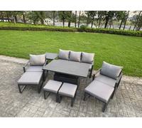 Fimous Aluminium Garden Furniture Sets 9 Seater With Adjustable Rising Lifting Dining Table 2 Chairs 4 Footstools Side Table