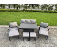 Fimous Aluminium Garden Furniture Sets 9 Seater With Adjustable Rising Lifting Dining Table 2 Chairs 4 Footstools