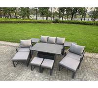 Fimous Aluminium Garden Furniture Sets 9 Seater With Adjustable Rising Lifting Dining Table 2 Chairs 4 Footstools 2 Side Tables