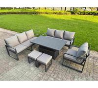 Fimous Aluminium Garden Furniture Sets,9 Seater Outdoor Sofa Dining Set with Adjustable Rising Lifting Dining Table 2 Small Footstools for Yard,Poolsi