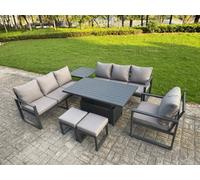 Fimous Aluminium Garden Furniture Sets,9 Seater Outdoor Sofa Dining Set with Adjustable Rising Lifting Dining Table Side Table 2 Small Footstools for