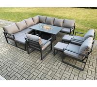 Fimous Aluminium Lounge Corner Sofa Outdoor Garden Furniture Sets Gas Fire Pit Dining Table Set with 3 Chairs 3 Footstools Dark Grey Dark Grey