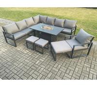 Fimous Aluminium Lounge Corner Sofa Outdoor Garden Furniture Sets Gas Fire Pit Dining Table Set with Chair 3 Footstools Dark Grey