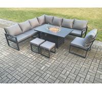 Fimous Aluminium Lounge Corner Sofa Outdoor Garden Furniture Sets Gas Fire Pit Dining Table Set with Footstools Dark Grey Fimous Dark Grey