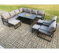 Fimous Aluminium Lounge Corner Sofa Outdoor Garden Furniture Sets Gas Fire Pit Dining Table Set with 2 Chairs 3 Footstools Dark Grey Fimous Dark Grey