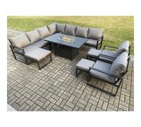 Fimous Aluminium Lounge Corner Sofa Outdoor Garden Furniture Sets Gas Fire Pit Dining Table Set with 2 Chairs 3 Footstools Dark Grey