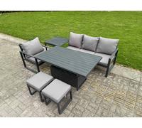 Fimous Aluminium Outdoor Dining Patio Furniture Set Includes Adjustable Rising Lifting Dining Table Chairs with 2 Small Footstools Side Table