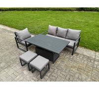 Fimous Aluminium Outdoor Dining Set Patio Dining Furniture Set Includes Adjustable Rising Lifting Dining Table Chairs with 2 Small Footstools