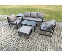 Fimous Aluminium Outdoor Furniture Set 6 Seater Garden Sofa With Coffee Table Big Footstool 2 Armchairs Side Table Dark Grey