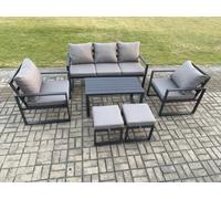 Fimous Aluminium Outdoor Furniture Set 7 Seater Garden Sofa With Coffee Table 2 Small Footstools 2 Armchairs Dark Grey