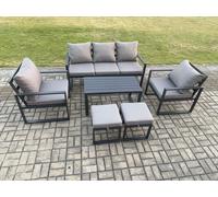 Aluminium Outdoor Furniture Set 7 Seater Garden Sofa with Oblong Coffee Table 2 Small Footstools 2 Armchairs Dark Grey Fimous Dark Grey One Size