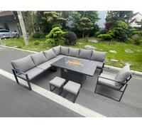 Fimous Aluminium Outdoor Garden Furniture Corner Sofa Chair Gas Fire Pit Dining Table Sets 2 Stools Gas Heater Burner Dark Grey 10 Seater