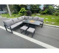 Aluminium 9 Seater Garden Furniture Outdoor Set Patio Lounge Sofa Gas Fire Pit Dining Table Set with Footstools Dark Grey Fimous Dark Grey One Size