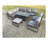 Fimous Aluminium Outdoor Garden Furniture Corner Sofa Gas Fire Pit Dining Table Sets Gas Heater Burner with 2 Chairs Big Footstool Dark Grey 9 Seater