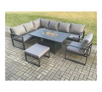 Fimous Aluminium Outdoor Garden Furniture Corner Sofa Gas Fire Pit Dining Table Sets Gas Heater Burner with Chair Big Footstool Dark Grey 8 Seater