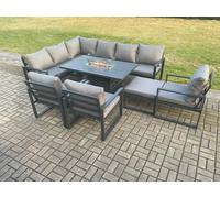 Fimous Aluminium Outdoor Garden Furniture Corner Sofa Gas Fire Pit Dining Table Sets Gas Heater Burner with 3 Chairs Big Footstool 10 Seater Fimous Dark Grey