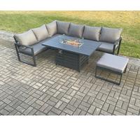 Fimous Aluminium Outdoor Garden Furniture Corner Sofa Gas Fire Pit Dining Table Sets Gas Heater Burner with Big Footstool Dark Grey 7 Seater