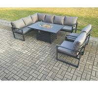 Fimous Aluminium Outdoor Garden Furniture Corner Sofa Gas Fire Pit Dining Table Sets Gas Heater Burner with 2 Chairs Dark Grey 8 Seater