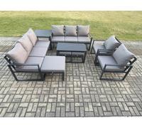 Fimous Aluminium Outdoor Garden Furniture Lounge Sofa 2 PC Chairs Oblong Coffee Table Sets with 3 Footstools Dark Grey