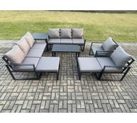 Fimous Aluminium Outdoor Garden Furniture Lounge Sofa 2 PC Chairs Oblong Coffee Table Sets with 2 Big Footstool Dark Grey