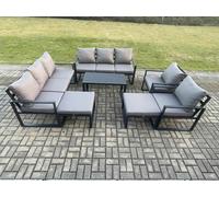 Fimous Aluminium Outdoor Garden Furniture Lounge Sofa 2 PC Chairs Oblong Coffee Table Sets with 2 Big Footstools Dark Grey