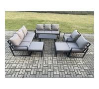 Fimous 10 Seater Aluminium Garden FurnitureSet with 2 Sofas, 2 Chairs, Coffee Table & 2 Large Footstools - Dark Grey