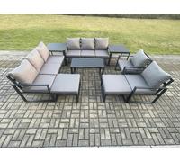 Fimous Aluminium Outdoor Garden Furniture Lounge Sofa 2 PC Chairs Oblong Coffee Table Sets with 2 Side Tables 2 Big Footstool Dark Grey