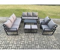 Fimous Aluminium Outdoor Garden Furniture Lounge Sofa 2 Pc Chairs Oblong Coffee Table Sets With 2 Small Footstool Dark Grey