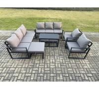 Fimous Aluminium Outdoor Garden Furniture Lounge Sofa 2 PC Chairs Oblong Coffee Table Sets with 3 Footstools Dark Grey