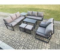 Fimous Aluminium Outdoor Garden Furniture Lounge Sofa 2 PC Chairs Oblong Coffee Table Sets with Side Table 2 Small Footstool Dark Grey
