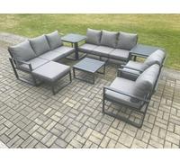 Fimous Aluminium Outdoor Garden Furniture Lounge Sofa Set With Square Coffee Table 2 Chairs Big Footstool 2 Side Tables