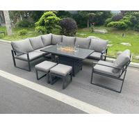 Fimous Aluminium Outdoor Garden Furniture Set Corner Sofa Chair Gas Fire Pit Dining Table Set 2 PC Stools Gas Heater Burner Dark Grey 9 Seater