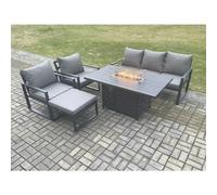 Fimous Aluminium Outdoor Garden Furniture Set Gas Fire Pit Dining Table Set Gas Heater Burner with 2 Arm Chair Big Footstool Dark Grey 6 Seater