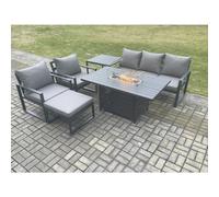 Fimous Aluminium Outdoor Garden Furniture Set Gas Fire Pit Dining Table Set Gas Heater Burner with 2 Arm Chair Big Footstool Dark Grey 6 Seater