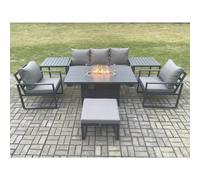 Fimous 6-Seater Aluminium Outdoor Gas Fire Pit Dining Set | 2 Armchairs, 2 Side Tables, Footstool | Dark Grey
