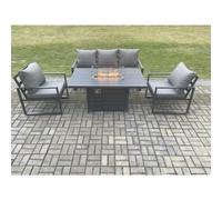 Fimous Aluminium Outdoor Garden Furniture Set Gas Fire Pit Dining Table Set Gas Heater Burner with 2 Arm Chair Dark Grey 5 Seater
