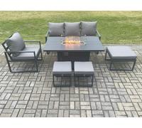 Fimous Aluminium Outdoor Garden Furniture Set Gas Fire Pit Dining Table Set Gas Heater Burner with 3 Footstools Dark Grey 7 Seater