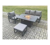 Fimous Aluminium Outdoor Garden Furniture Set Gas Fire Pit Dining Table Set Gas Heater Burner with Big Footstool Dark Grey 5 Seater