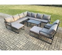 Fimous Aluminium Outdoor Garden Furniture Set Lounge Corner Sofa 2 Pcs Chair Oblong Coffee Table Sets with 2 Big Footstools Dark Grey