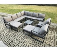 Fimous Aluminium Outdoor Garden Furniture Set Lounge Corner Sofa 2 Pcs Chair Square Coffee Table Sets with 2 Big Footstools Dark Grey