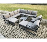 Fimous Aluminium Outdoor Garden Furniture Set Lounge Corner Sofa 2 Pcs Chair Square Coffee Table Sets with 2 Big Footstools Dark Grey Fimous Dark Grey