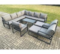 Fimous Aluminium Outdoor Garden Furniture Set Lounge Corner Sofa 3 Pcs Chair Oblong Coffee Table Sets with 2 Big Footstools Dark Grey