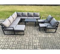 Fimous Aluminium Outdoor Garden Furniture Set Lounge Corner Sofa Oblong Coffee Table 2 Pcs Chair Sets with 3 Footstools Dark Grey Fimous Dark Grey