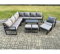 Fimous Aluminium Outdoor Garden Furniture Set Lounge Corner Sofa Oblong Coffee Table Chair Sets with 3 Footstools Dark Grey Fimous Dark Grey