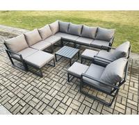 Fimous Aluminium Outdoor Garden Furniture Set Lounge Corner Sofa Square Coffee Table 2 Pcs Chair Sets with 3 Footstools Dark Grey Fimous Dark Grey