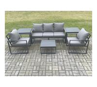 Fimous Aluminium Outdoor Garden Furniture Set Lounge Sofa 2 PC Chairs Square Coffee Table Sets with 2 Side Tables Dark Grey