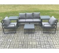 Fimous Aluminium Outdoor Garden Furniture Set Lounge Sofa 2 PC Chairs Square Coffee Table Sets with 2 Side Tables Dark Grey Dark Grey