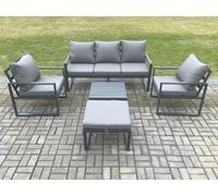 Fimous Aluminium Outdoor Garden Furniture Set Lounge Sofa 2 Pc Chairs Square Coffee Table Sets With Big Footstool Dark Grey