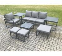 Aluminium Outdoor Garden Furniture Set Lounge Sofa Chair Square Coffee Table Sets with 2 Side Tables 3 Footstools Conservatory Set Fimous Dark Grey One Size
